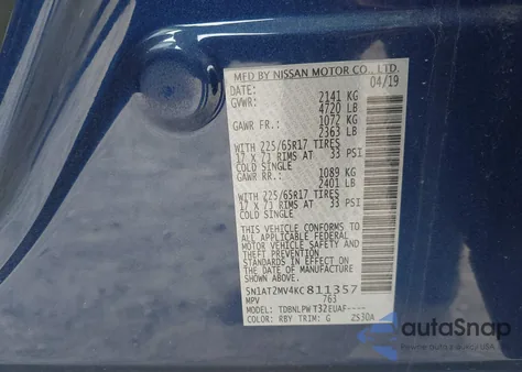 2019 Nissan Rogue S z USA, uszkodzony, nr VIN 5N1AT2MV4KC811357